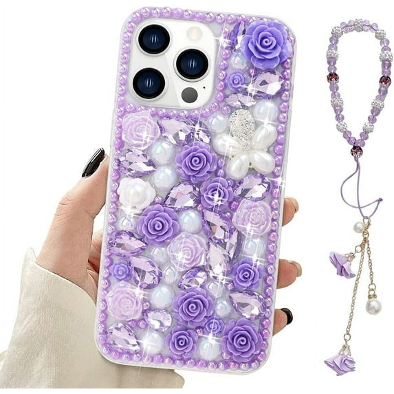 for iPhone 14 Pro Max Bling Case with Strap, Luxury Glitter Rhinestone Diamond Crystal Sparkle Rose Flower Pearl Floral Bracelets Soft Bumper Protective Case Cover for Women Girls Purple