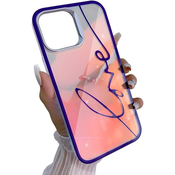 iPhone 14 Pro Max Bling Laser Case, Clear Mirror Phone Case with Love Pattern,Hard PC + Soft TPU Anti Scratch Shockproof Case Aesthetic Design for Women Girls Back Cover, Purple