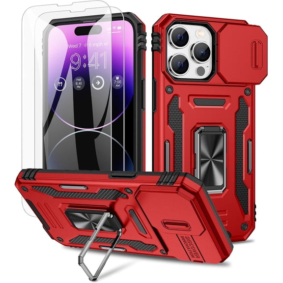 for iPhone 14 Pro Max Camera Cover Case with Screen Protector, with Built-in 360° Rotate Ring Stand Magnetic Car Mount Cover Case for iPhone 14 Pro Max 6.7 inch, Red