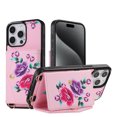 thumbnail image 1 of for iPhone 14 Pro Max, Card Slots Back Case, 1 Shoulder Strap and 1 Lanyard, Floral Pattern PU Leather RFID Blocking Make-up Mirror Kickstand Magnetic Clasp Phone Cover for Women Girls, Pink, 1 of 11