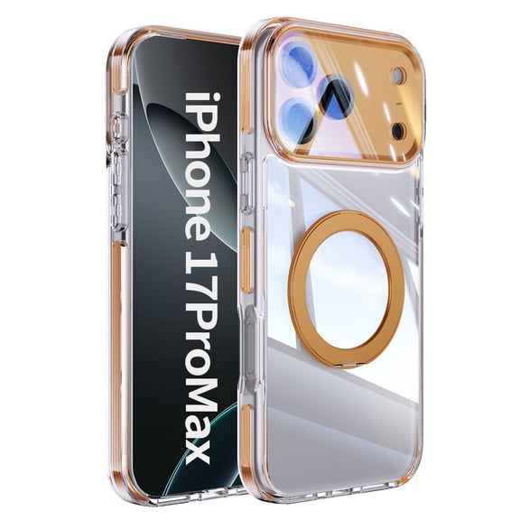 for iPhone 14 Pro Max Case with 360° Spin Magnetic Ring Stand [Compatible with MagSafe] [Camera Lens Protection], Clear Cover Anti-Yellowing Protection Cases for iPhone 14 Pro Max, Orange