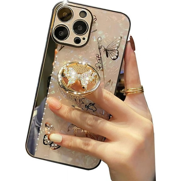 iPhone 14 Pro Max Case, 3D Butterfly Built in Kickstand Rhinestones Shockproof Ring Stand Cover Bling Marble Shell Glitter Girly Women Phone Cover for iPhone 14 Pro Max 6.7 inch 2022 (Gold)