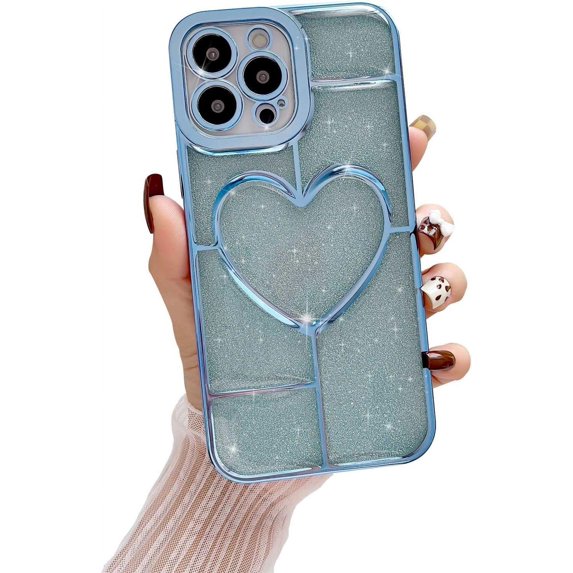 iPhone 14 Pro Max Case, 3D Hollow Love Heart Pattern, Luxury Plating with Bling Sparkly Glitter Case,Soft TPU Shockproof Protective Case for 14 Pro Max for Women Girls, Light Blue
