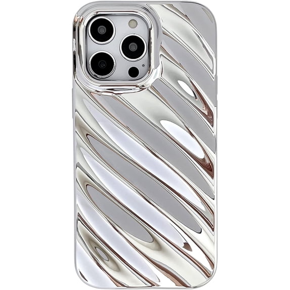 for iPhone 14 Pro Max Case 6.7" Curly Wave Frame Shockproof Phone Cover 3D Water Ripple Pattern Camera Lens Protection Bling Plating Soft TPU Case for Women Girls(Silver,for iPhone 14 Pro Max)
