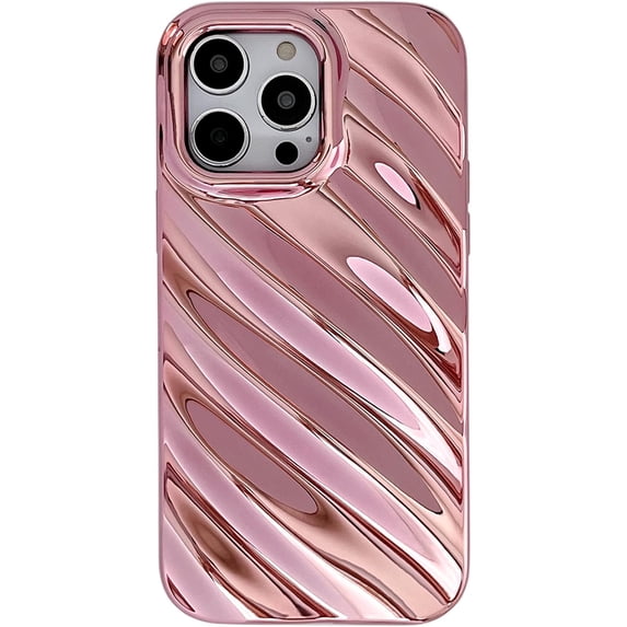 for iPhone 14 Pro Max Case 6.7" Curly Wave Frame Shockproof Phone Cover 3D Water Ripple Pattern Camera Lens Protection Bling Plating Soft TPU Case for Women Girls(Pink,for iPhone 14 Pro Max)