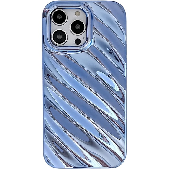 for iPhone 14 Pro Max Case 6.7" Curly Wave Frame Shockproof Phone Cover 3D Water Ripple Pattern Camera Lens Protection Bling Plating Soft TPU Case for Women Girls(Blue,for iPhone 14 Pro Max)