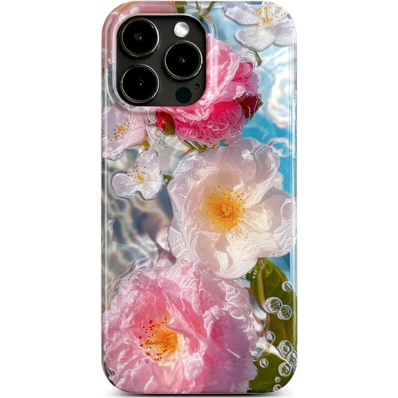 for iPhone 14 Pro Max Case 6.7",Cute Shiny Glossy Retro Ink Painting Flower Water Rippling Bumper Lightweight Slim Fit Stylish Shockproof Phone Case for Girl Woman,Pink Floral