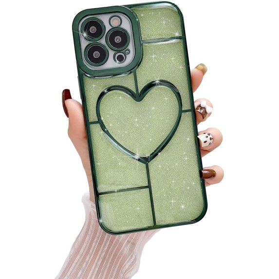 iPhone 14 Pro Max Case(6.7 inch), 3D Hollow Love Heart Pattern, Luxury Plating with Bling Sparkly Glitter Case,Soft TPU Shockproof Protective Case for 14 Pro Max for Women Girls(Green)