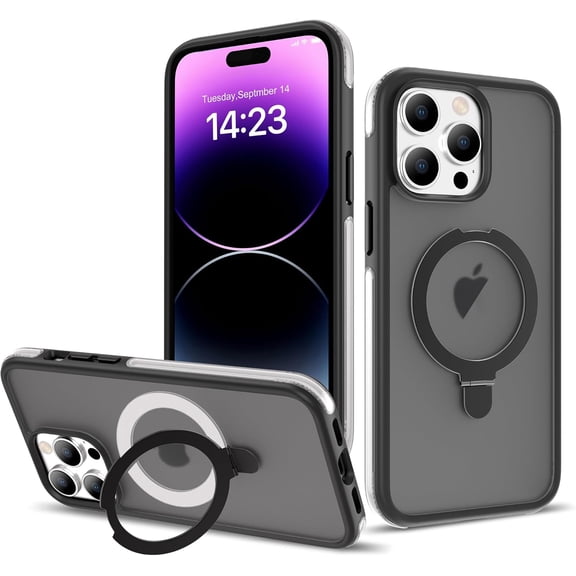 for iPhone 14 Pro Max Case with Air-Filled Bumper & Magnetic Ring Stand, Military-Grade Drop Protection, 14 ProMax Phone Case 6.7" with KickStand, Compatible with Mag-Safe, Translucent Black