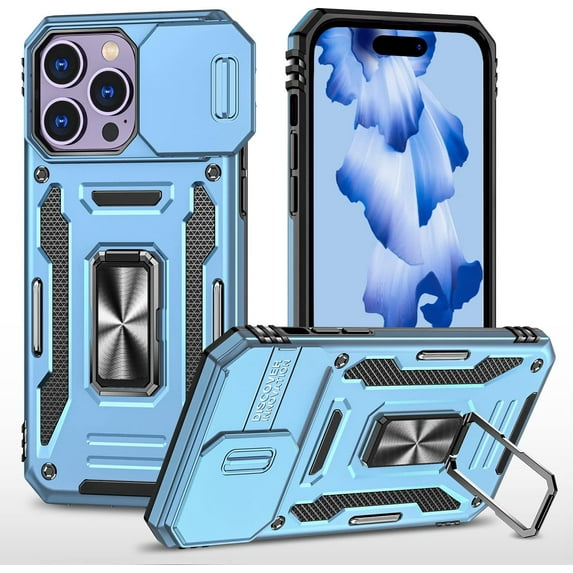 for iPhone 14 Pro Max Case Apple 14 Pro Max Kickstand Case with Sliding Lens Cover,Built-in 360°Rotate Ring Stand Magnetic Car Mount Cover Case for iPhone 14 Pro Max case(Light Blue)