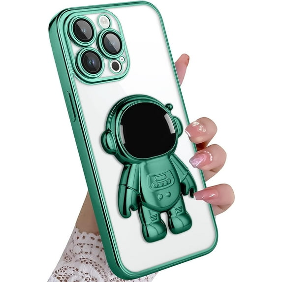 for iPhone 14 Pro Max Case Astronaut Clear Plating Astronaut Hidden Stand Cover for iPhone 14 Pro Max 6.7 Inch Soft TPU Shockproof Full Camera Protective Phone Case for Women Girls-Green