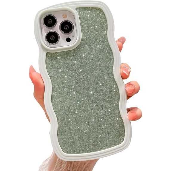 for iPhone 14 Pro Max Case Bling Glitter Curly Wave Frame Shape Soft TPU Shockproof Cute Phone Case for iPhone 14 Pro Max 6.7 Inch Women Girl Light Green