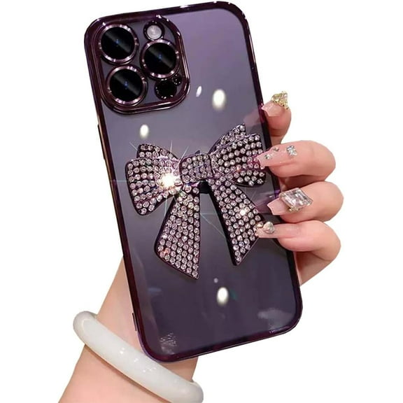 for iPhone 14 Pro Max Case Bling Glitter Rhinestones Diamond Bow Luxury Clear Cute Sparkly Aesthetic Phone Case with Full Camera Protector Plating Case for iPhone 14 Pro Max Purple