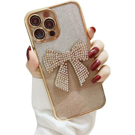 for iPhone 14 Pro Max Case Bling Glitter Rhinestones Diamond Bow Luxury Clear Cute Sparkly Aesthetic Phone Case with Full Camera Protector Plating Case for iPhone 14 Pro Max Gold