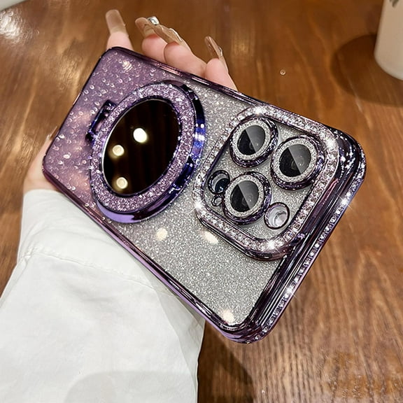 for iPhone 14 Pro Max Case Bling Magnetic Ring Stand [ Drop Protection][Compatible with MagSafe] Shiny Diamond Glitter Lens Protector & Makeup Mirror Luxury Cases for Women Girls, Purple