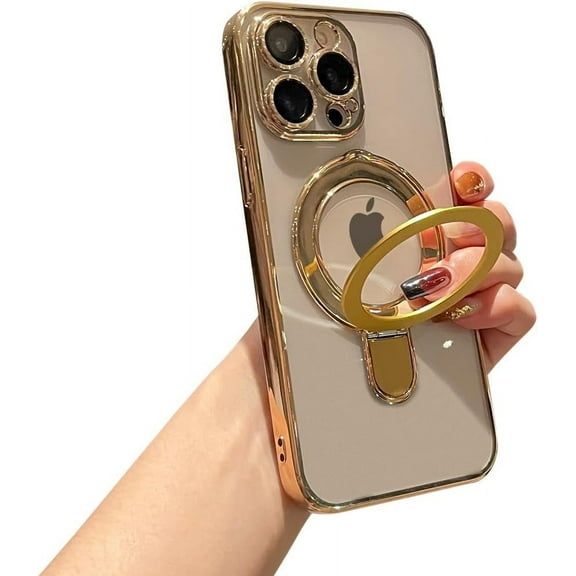 for iPhone 14 Pro Max Case Build-in Stand with Camera Lens Protection MagSafe Shockproof Soft Protective Slim Phone Case Cover for iPhone 14 ProMax Case 6.7 Inch - Clear Gold