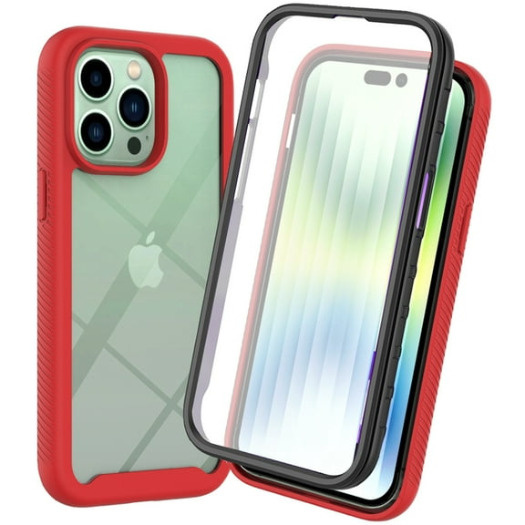 iPhone 14 Pro Max Case with Built in Screen Protector,Dteck Full-Body Shockproof Rubber Hybrid Protection Crystal Clear PC Back Protective Phone Case Cover for iPhone 14 Pro Max,Red