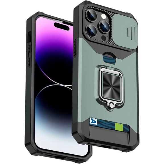 for iPhone 14 Pro Max Case with Camera Cover, Slide Lens Protection Phone Case with Card Holders Built-in Magnetic Kickstand Cover for iPhone 14 Pro Max TC Green