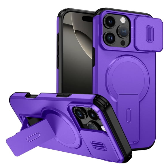 for iPhone 14 Pro Max Case with Camera Sliding Cover & Adjustable Kickstand, Magnetic Wireless Charging Rugged Shockproof Bumper Cases Heavy-Duty Magnetic Protective Phone Cover, Purple