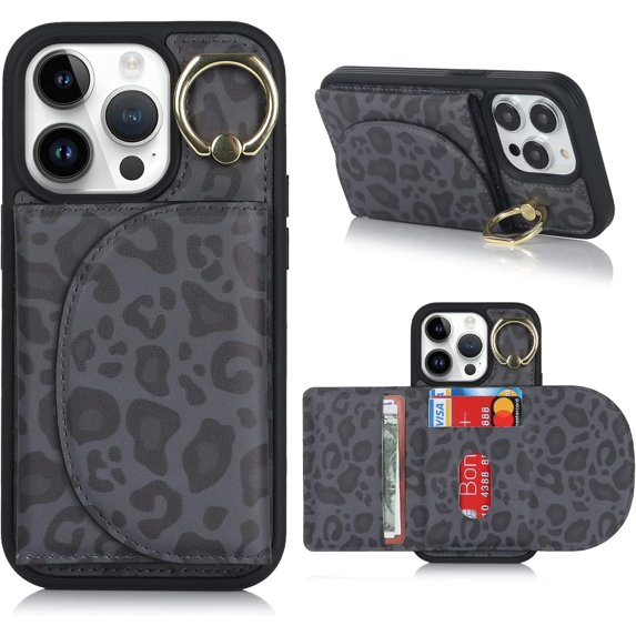 for iPhone 14 Pro Max Case with Card Holder - Credit Card Slot,RFID Blocking,360°Rotating Ring Kickstand and PU Leather Cute Wallet Cover for Women(Black Leopard)