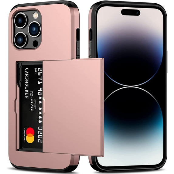 iPhone 14 Pro Max Case with Card Holder Heavy Duty Protective Dual Layer Shockproof Hidden Card Slot Slim Wallet Case for iPhone 14 Pro Max for Women&Men(Rose Gold)