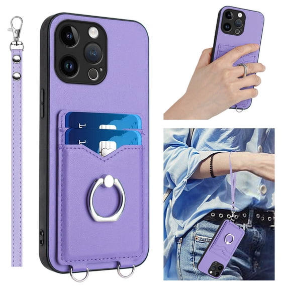 for iPhone 14 Pro Max Case, Card Holder Wallet Case, Ring Holder Stand, Wrist Hand Strap, PU Leather Anti-Scratch Shockproof Protective Flip Phone Cover for iPhone 14 Pro Max Case, Purple