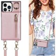 thumbnail image 1 of iPhone 14 Pro Max Case with Card Holder for Women,Crossbody Wallet Case for iPhone 14 Pro Max with Strap,[Ring Holder Kickstand] Lanyard Leather PU Magnetic Clasp Zipper Purse,6.7" Pink, 1 of 14