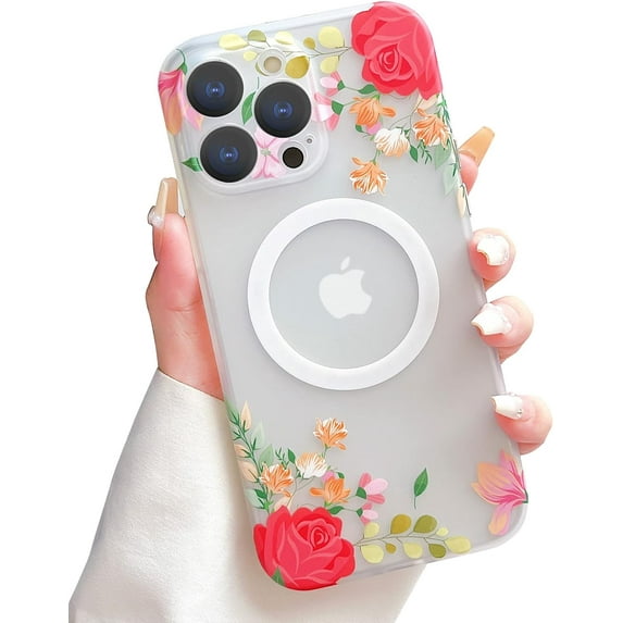 for iPhone 14 Pro Max Case Compatible with MagSafe, Floral Print Magnetic Translucent Matte Lens Camera Protection Flower Phone Case for iPhone 14 Pro Max for Women Girls - Red