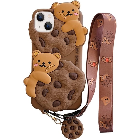 Cookie Bear Phone Case Apply to iPhone 14 Pro Max,Kawaii 3D Cartoon Teddy Bear Case with Keychain Lanyard Cute Case for Girls Women Soft Silicone Shockproof Cover for iPhone 14 Pro Max