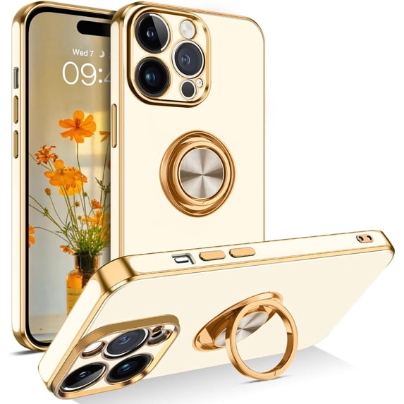 iPhone 14 Pro Max Case, iPhone 14 Pro Max Cover for Women, Ultra Slim Ring Kickstand Magnetic Car Mount Supported Electroplated Shockproof Case for iPhone 14 Pro Max 6.7" - White