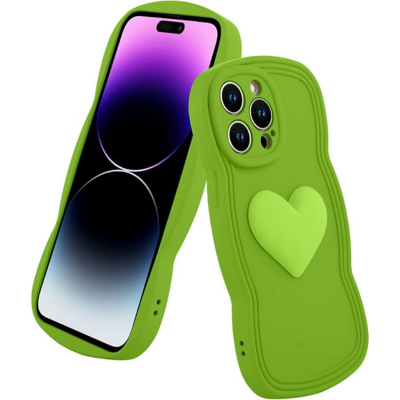 for iPhone 14 Pro Max Case Cute 3D Love Heart Curly Wave Shape Phone Cover Soft TPU Shockproof Full Camera Lens Protective Case for iPhone 14 Pro Max 6.7 Inch for Women Girl-Green