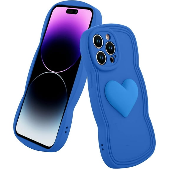 for iPhone 14 Pro Max Case Cute 3D Love Heart Curly Wave Shape Phone Cover Soft TPU Shockproof Full Camera Lens Protective Case for iPhone 14 Pro Max 6.7 Inch for Women Girl-Blue