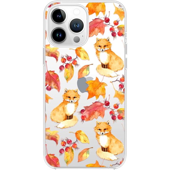 for iPhone 14 Pro Max Case, Cute Autumn Fox Style with Fall Leaves Pattern Fun Animal Design Transparent Soft TPU Protective Clear Case 6.7 inch (Autumn Fox)
