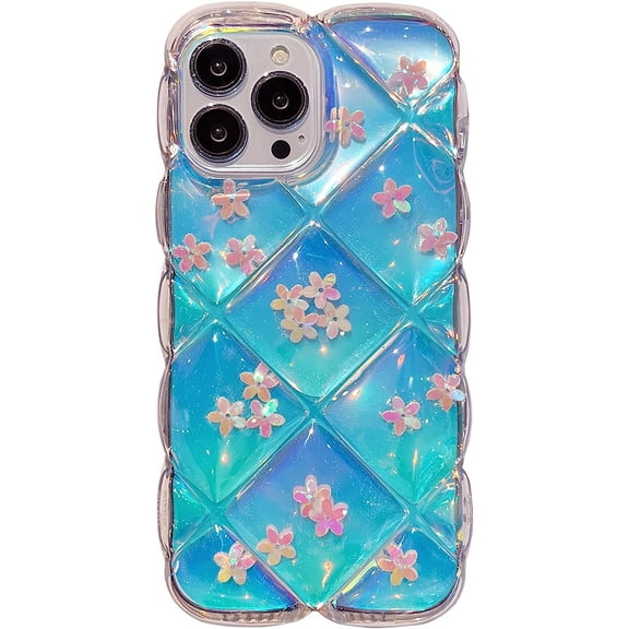 for iPhone 14 Pro Max Case,Cute Clear Laser Gradual Bling Glitter Flower+Translucent Card Soft Wave Frame Anti-Falling Raised Edge Shockproof Sturdy Phone Cover(for 14 Pro Max 6.7")