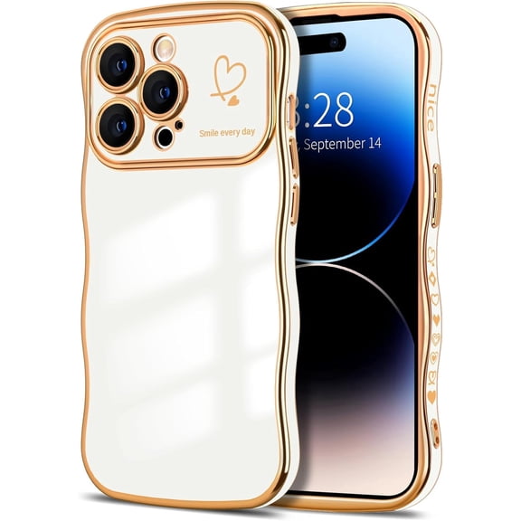 for iPhone 14 Pro Max Case Cute Curly Wave Frame Shape Phone Cases, Thin Slim Luxury Plating Wavy Edge Soft TPU Bumper Shockproof Rubber Protective Cover for Women Girls, Love Heart-White