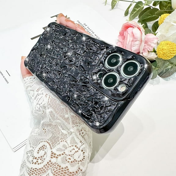 for iPhone 14 Pro Max Case Cute Luxury Designer Tin Foil Pleated Elegant Wave Phone Cover for Girls Women, Electroplating Camera Protection Phone Case -Black