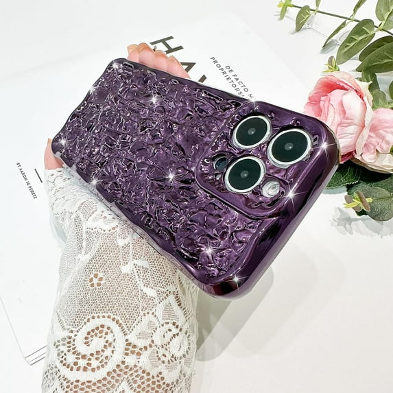 for iPhone 14 Pro Max Case Cute Luxury Designer Tin Foil Pleated Elegant Wave Phone Cover for Girls Women, Electroplating Camera Protection Phone Case -Purple
