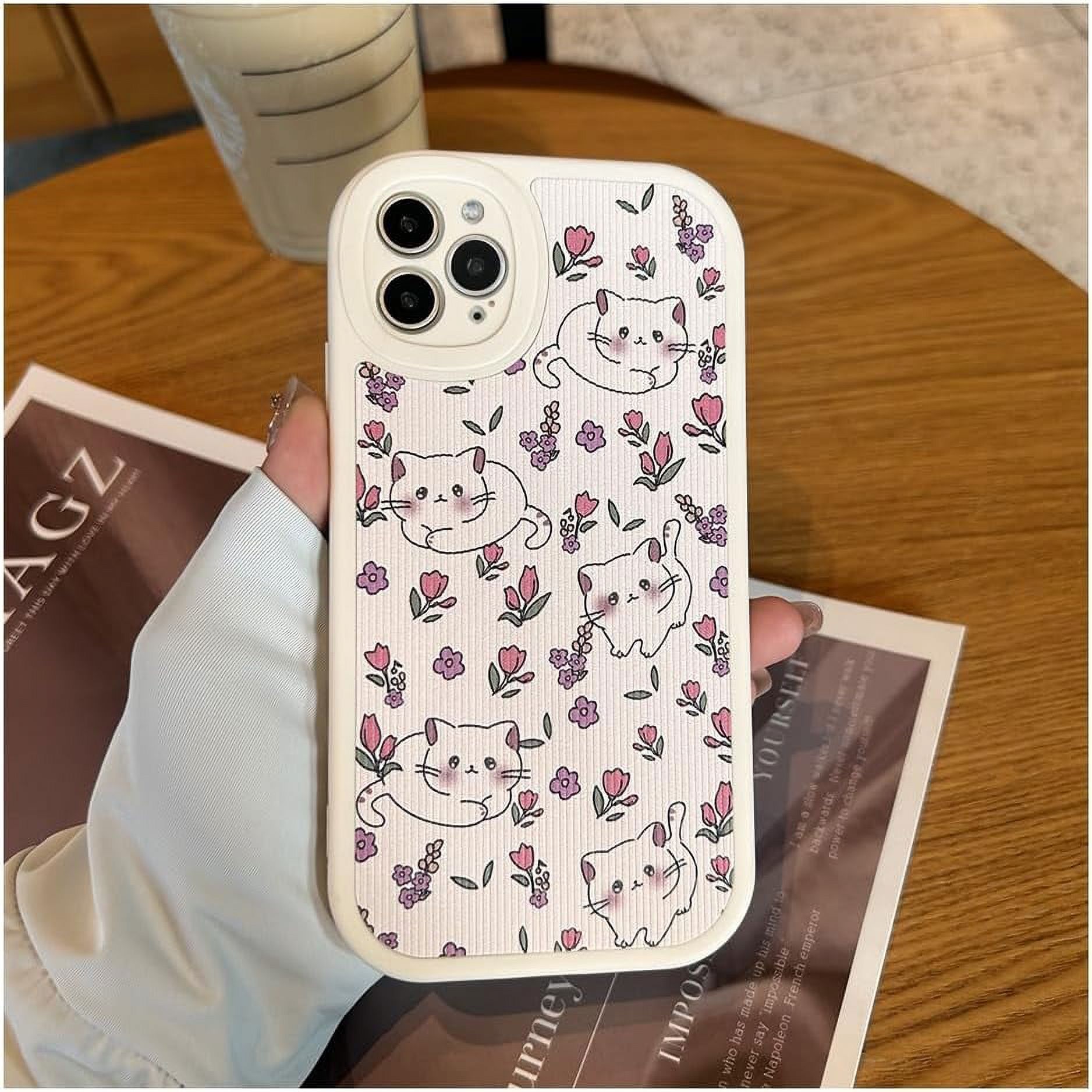 【 ‪‪あも♡ 】 iPhone14 for iPhone 14 Pro Max Case Cute Pink Flower Cat Vertical Grain