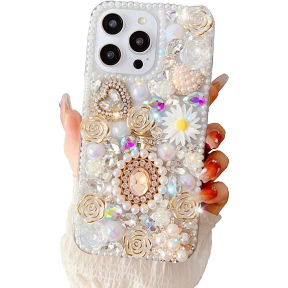 for iPhone 14 Pro Max Case, Cute Rhinestone Glitter Sparkle Bling Luxury Shiny 3D Crystal Diamond Flower Rose Queen Soft TPU Edge Girls for Apple iPhone 14 Pro Max 6.7 inch