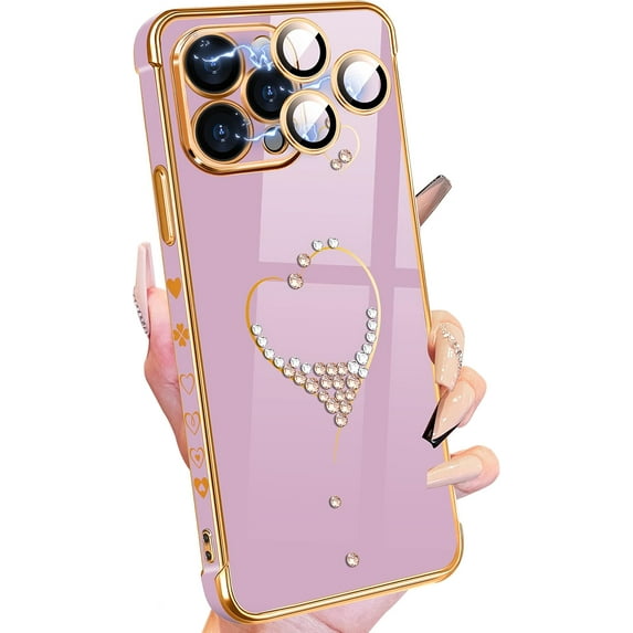 for iPhone 14 Pro Max Case, Cute Women Girls Bling Glitter Heart Designed Phone Cases for iPhone 14 Pro Max, Girly Gold Plating Phone Cover for 14 Pro Max with Camera Protector Purple