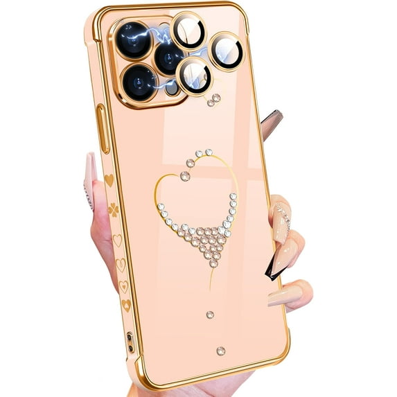 for iPhone 14 Pro Max Case, Cute Women Girls Bling Glitter Heart Designed Phone Cases for iPhone 14 Pro Max, Girly Gold Plating Phone Cover for 14 Pro Max with Camera Protector