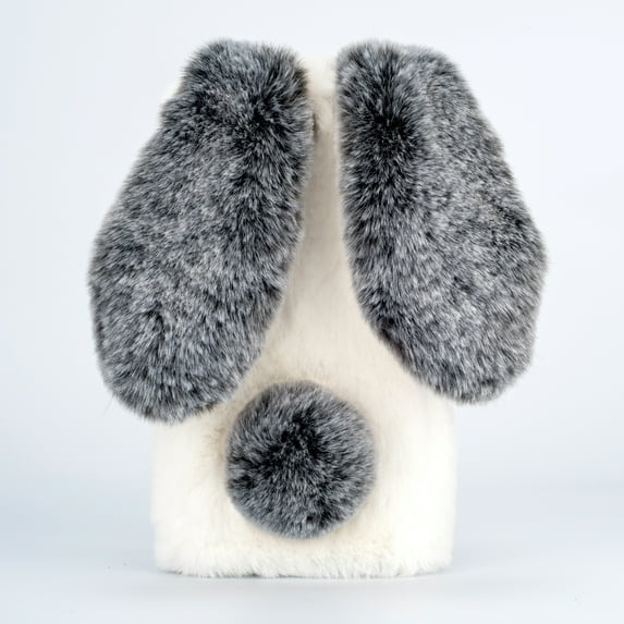 for iPhone 14 Pro Max Case for Girls, Luxury Women Cute Toy Warm Furry Fuzzy Soft Rabbit Ear Faux Fur Hair Plush Diamond Camera Frame Warm Winter Skin Case Cover for iPhone 14 Pro Max, White+Gray