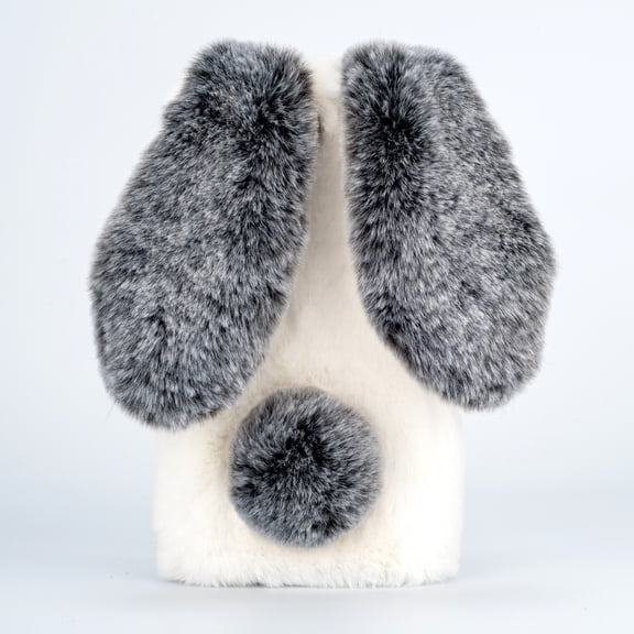 for iPhone 14 Pro Max Case for Girls, Luxury Women Cute Toy Warm Furry Fuzzy Soft Rabbit Ear Faux Fur Hair Plush Diamond Camera Frame Warm Winter Skin Case Cover for iPhone 14 Pro Max, White+Gray