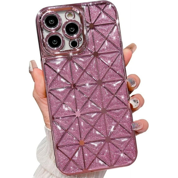 iPhone 14 Pro Max Case Glitter, Luxurly Plated Glitter Transparent 3D Stars Pattern, Bling Sparkly Clear Phone case, Soft Shockproof Protective Back Cover for Women Girls, Pink