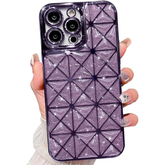 iPhone 14 Pro Max Case Glitter, Luxurly Plated Glitter Transparent 3D Stars Pattern, Bling Sparkly Clear Phone case, Soft Shockproof Protective Back Cover for Women Girls, Purple