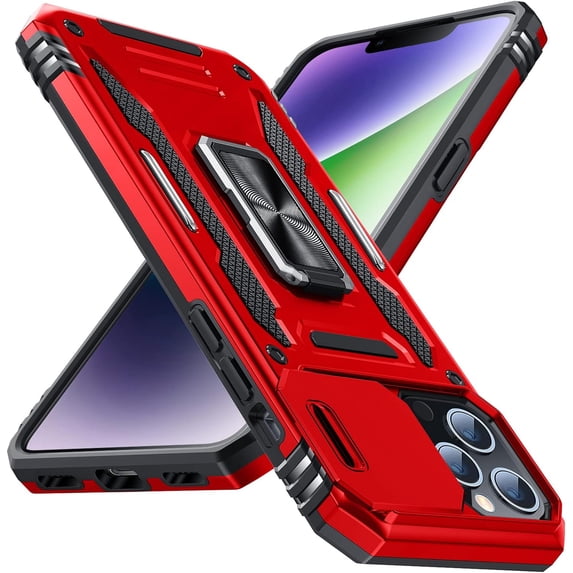 for iPhone 14 Pro Max Case with Kickstand with Camera Cover,Military-Grade Protection,Metal Ring Kickstand,Bumper Case for iPhone 14 Pro Max Case,Red 5-IP14pm-02