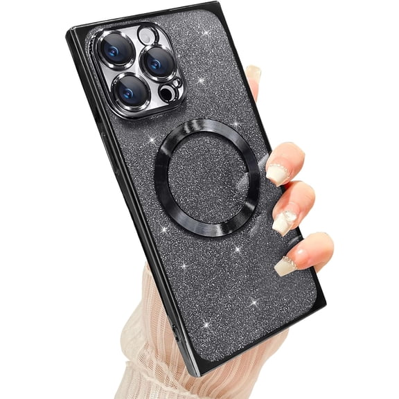 for iPhone 14 Pro Max Case Magnetic Case Compatible with Magsafe,Full Body Protection Glitter Case with Camera Protector Dustproof Plating Soft Rubber Cover (Black)