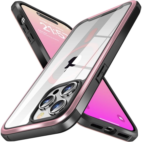 for iPhone 14 Pro Max Case Magnetic, [Compatible with MagSafe & 3X Military Grade Drop Protection] Clear Back Aluminum Frame Phone Case for iPhone 14 Pro Max, Rose Gold