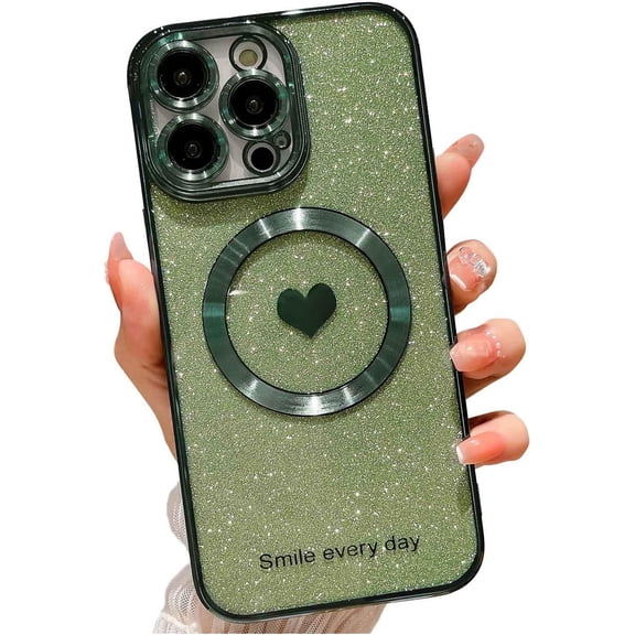 for iPhone 14 Pro Max Case Magnetic Glitter [ Compatible with MagSafe ], Bling Love Heart Clear Phone Case, Camera Protection Sparkly Plating Slim Soft Back Cover for Women Girls - Green