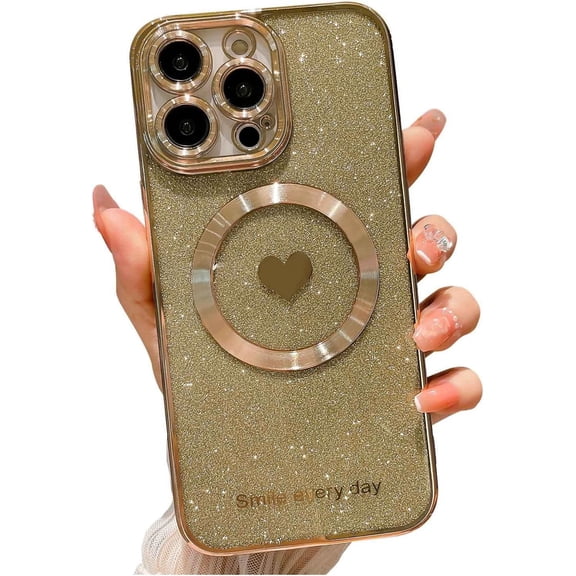 for iPhone 14 Pro Max Case Magnetic Glitter [ Compatible with MagSafe ], Bling Love Heart Clear Phone Case, Camera Protection Sparkly Plating Slim Soft Back Cover for Women Girls - Gold